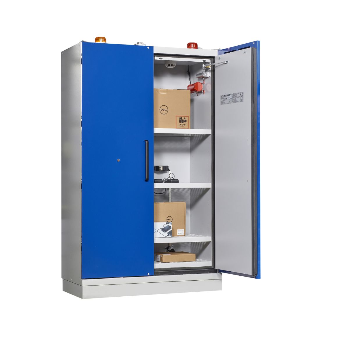 Feuerfester Akku-Lagerschrank für Lithium-Ionen-Akkus mit 90 Minuten Feuerwiderstand, zwei Flügeltüren geöffnet, vier Fachböden